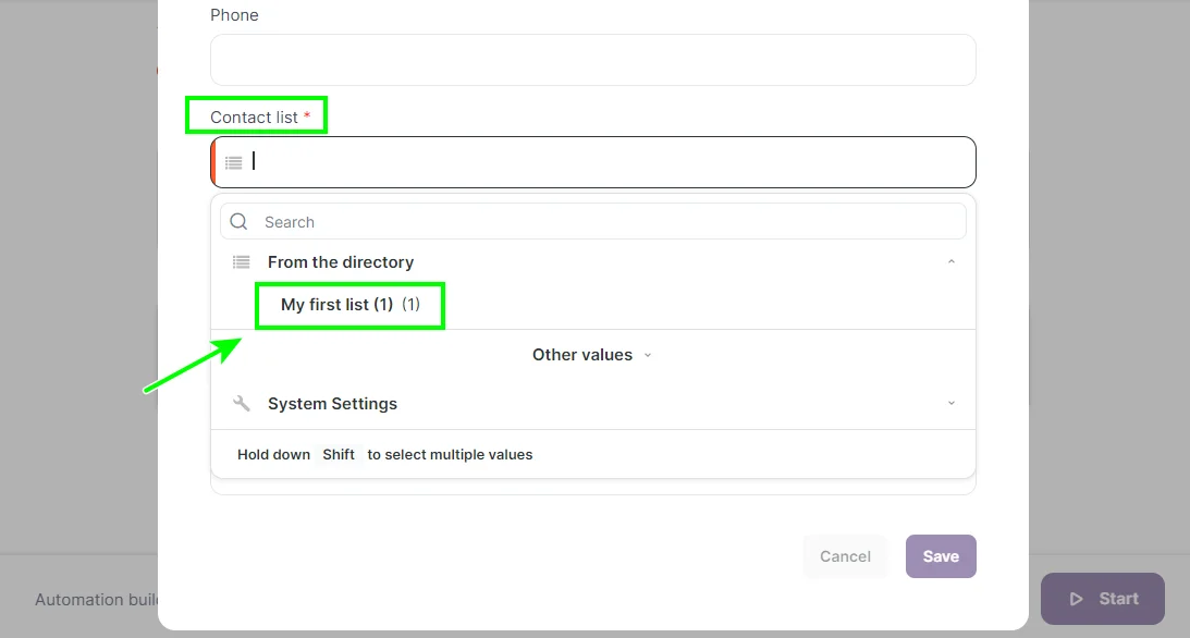 Selecting the contact list in Selzy where the transferred contacts will be added