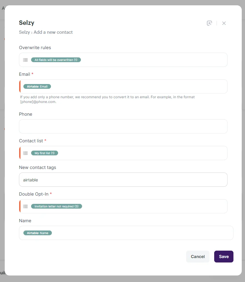 An example of the filled-out fields