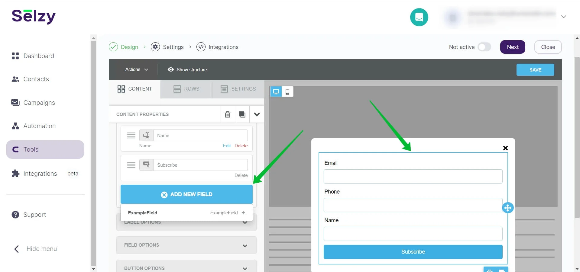 Forms content block in the forms editor