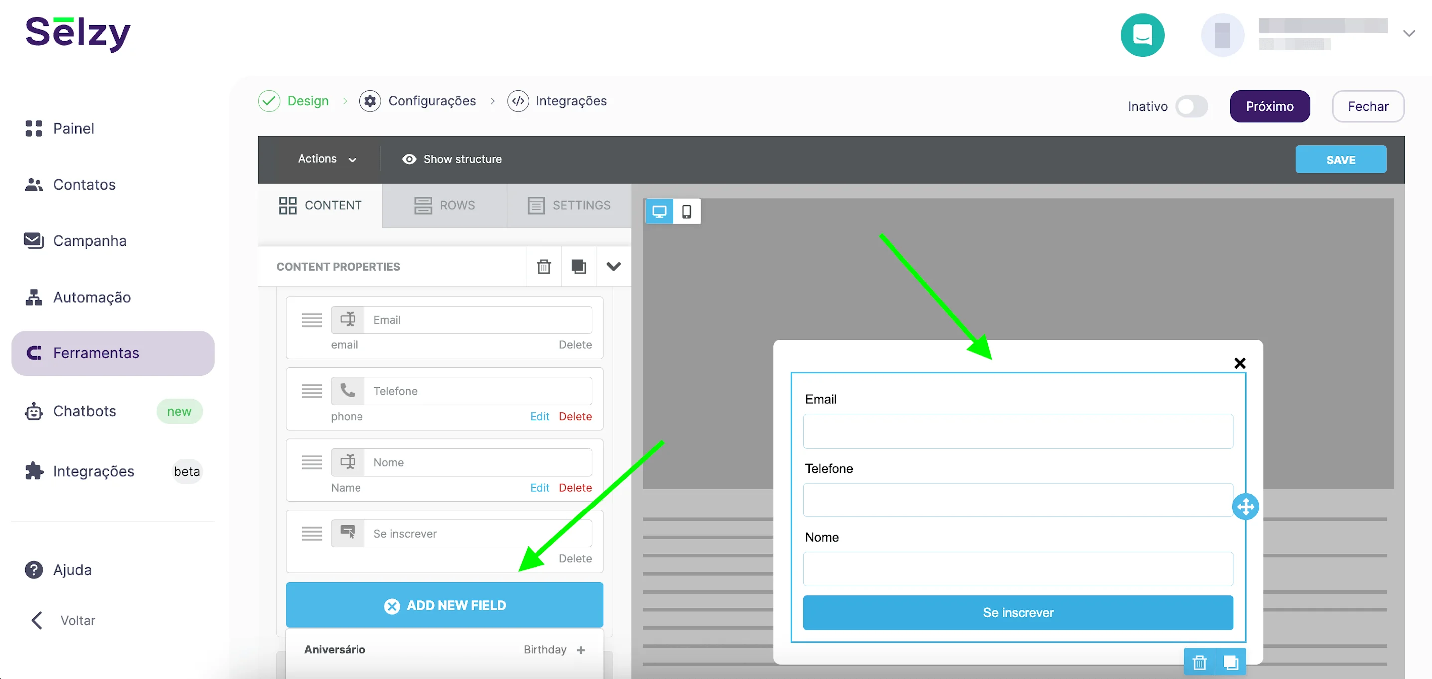 Adicionando blocos de conteúdo ao formulário no editor