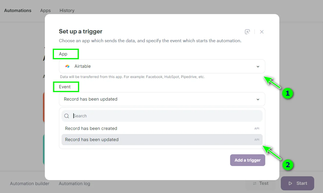 Selecting the app and the event in the trigger menu