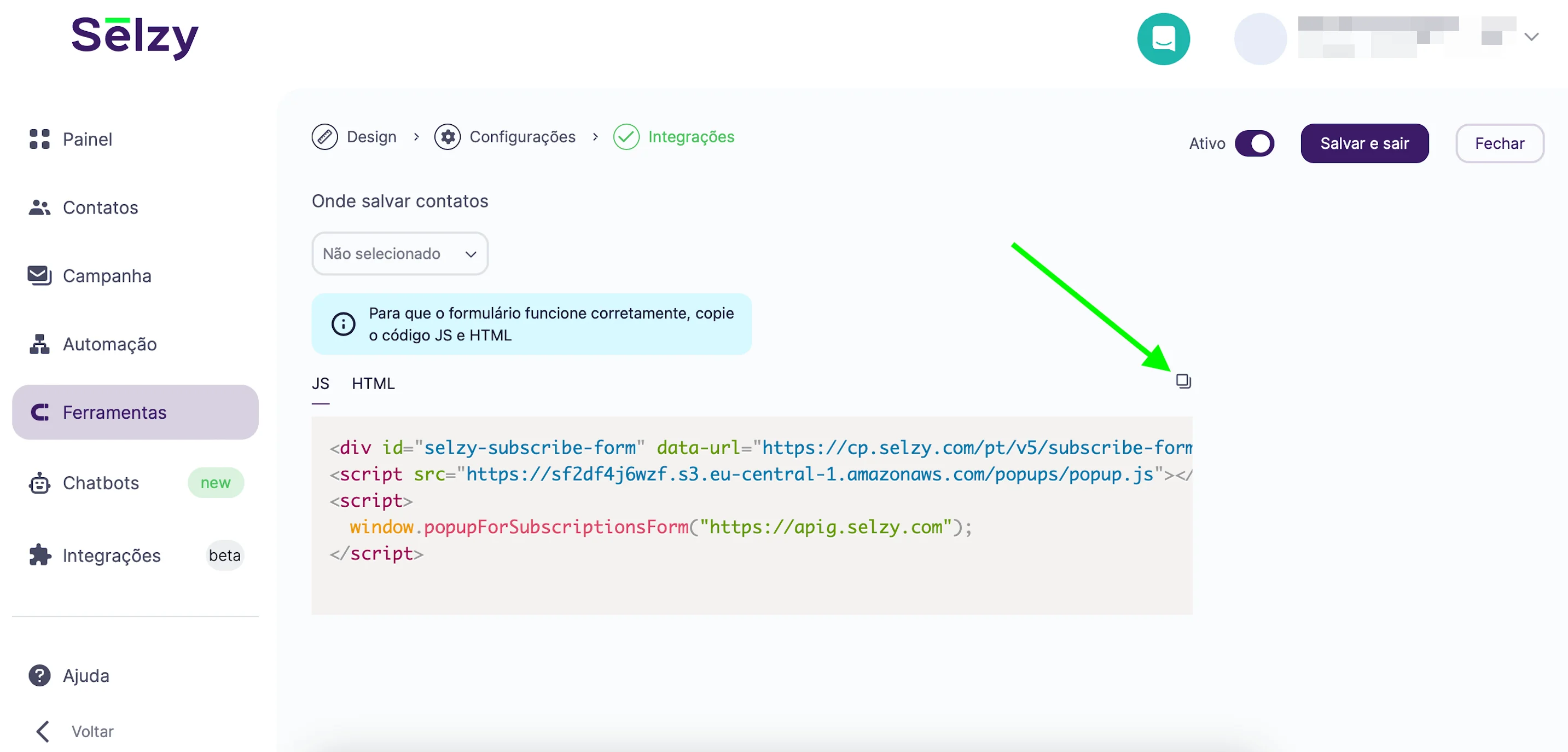 Copiando o código da Selzy 