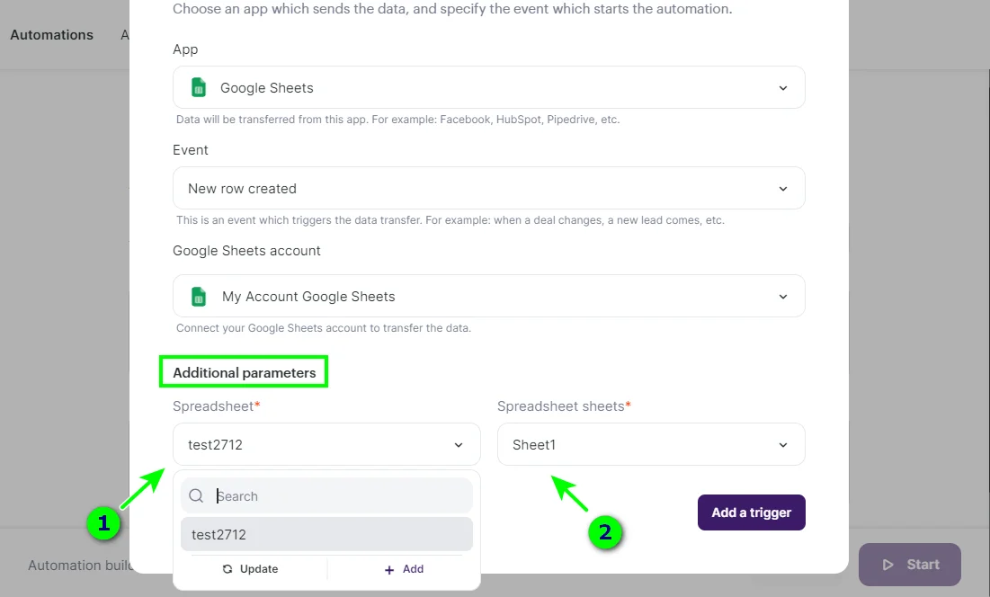 Choosing the spreadsheet and sheet in Google Sheets for the data transfer