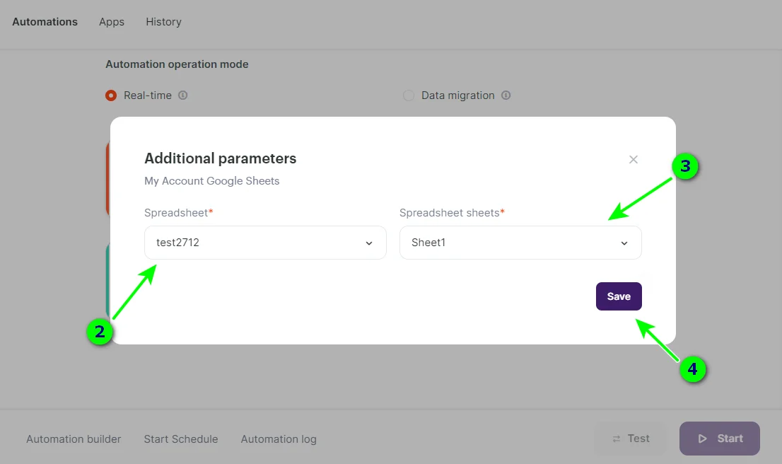 Selecting the Google Sheets spreadsheet and sheet for the data transfer