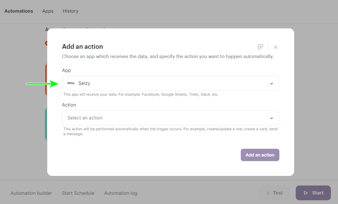 Selecting the Selzy in the App field