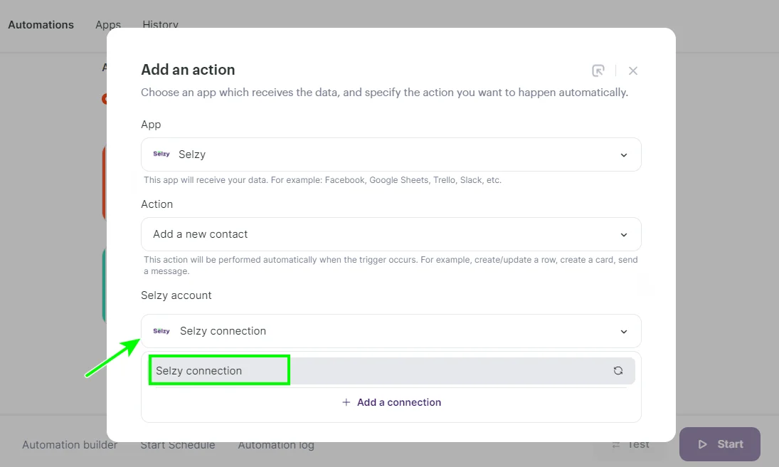 Selecting the Selzy connection