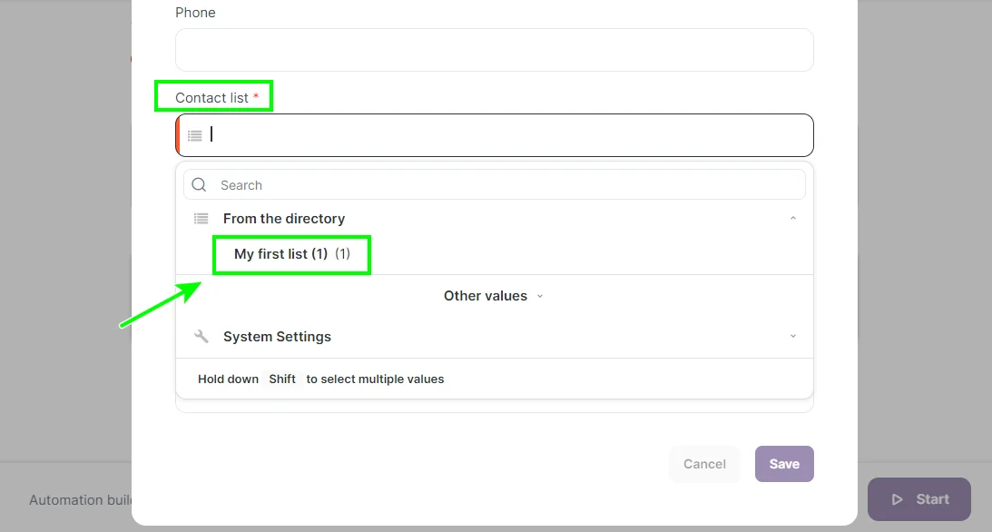Selecting the contact list in Selzy where the transferred contacts will be added