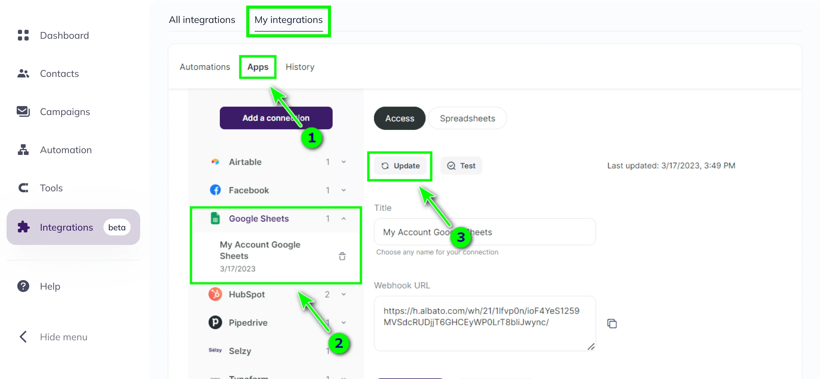 Updating the connection with Google Sheets