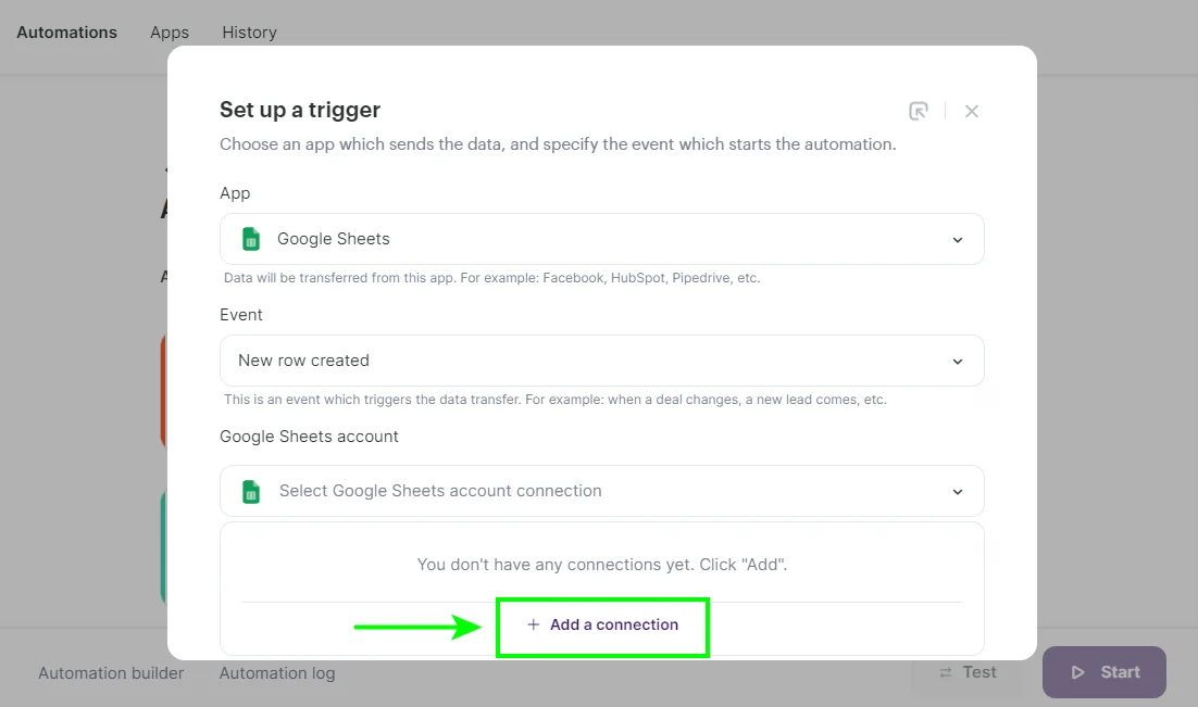 Add a connection in the trigger menu