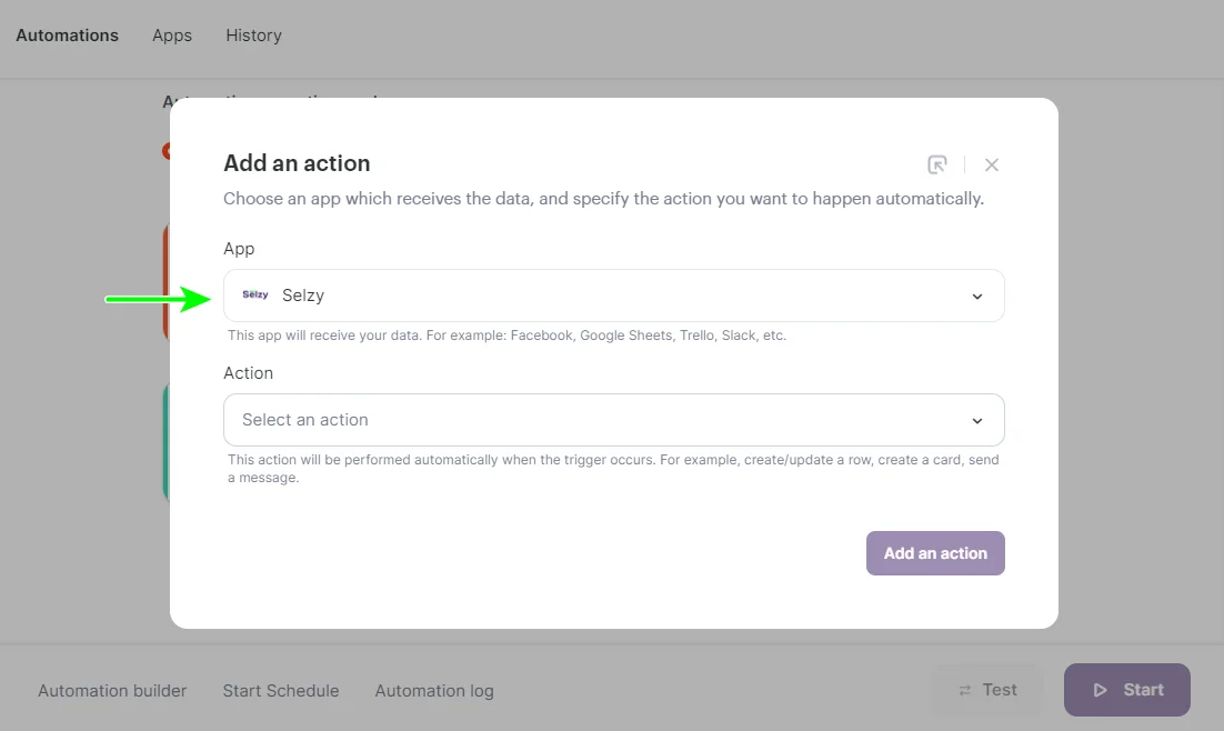 Selecting the Selzy in the App field