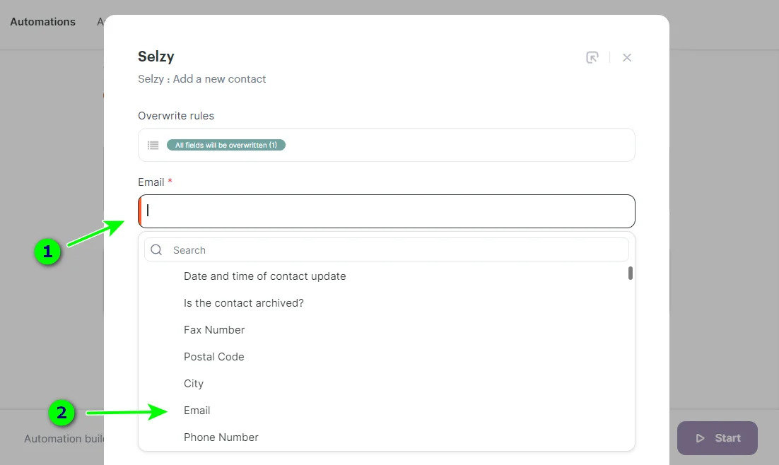 Selecting the field from where the contact's email address will be transferred