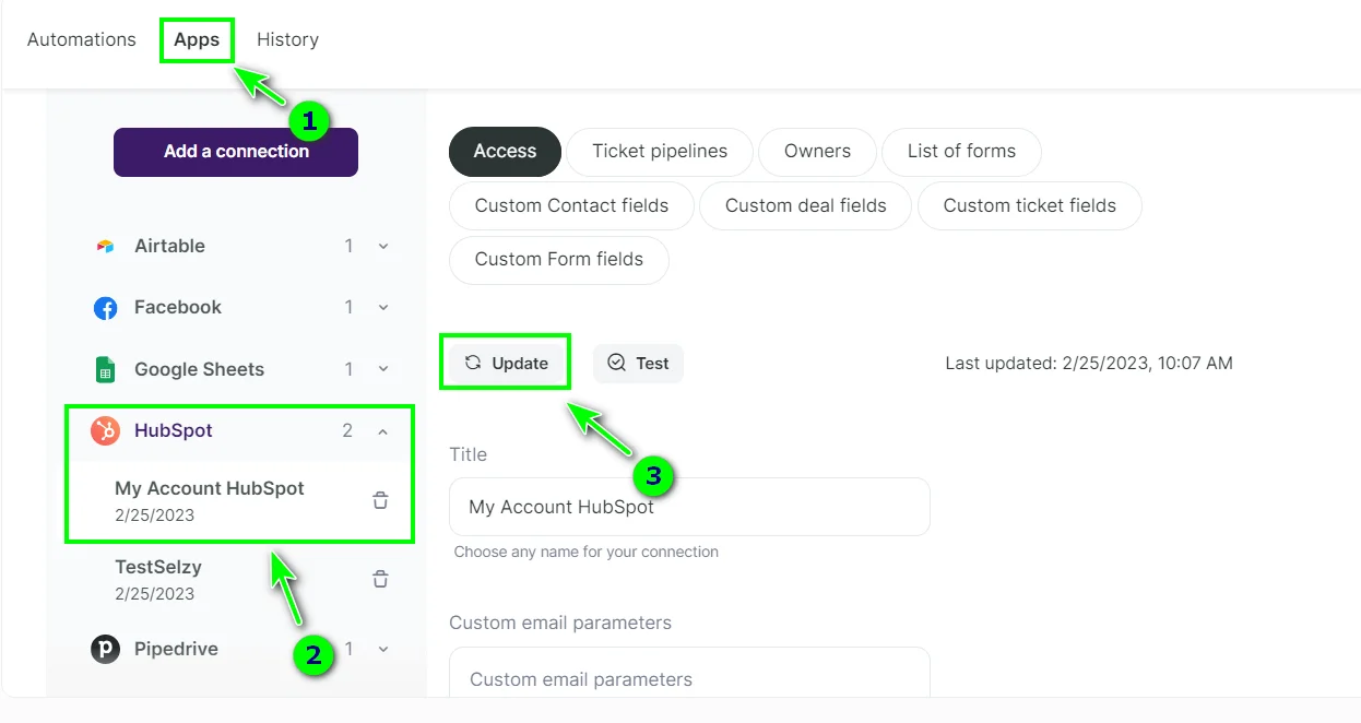 Updating the connection with HubSpot