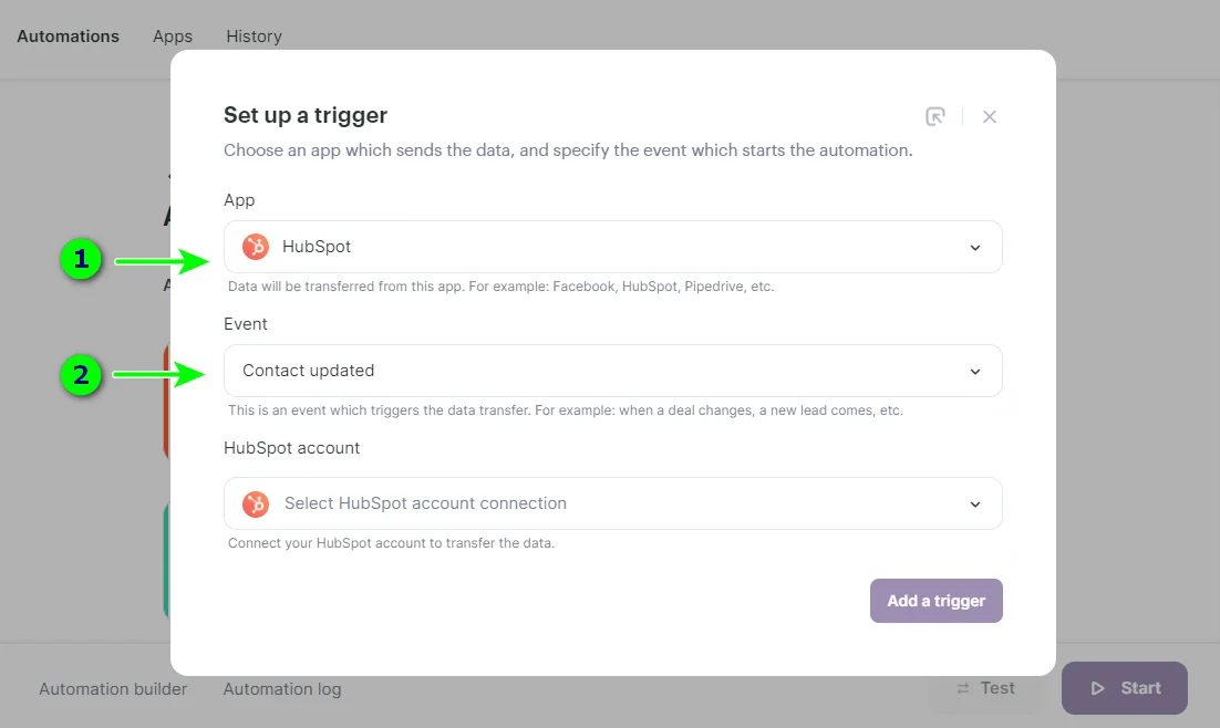 Selecting the app and the event in the trigger menu