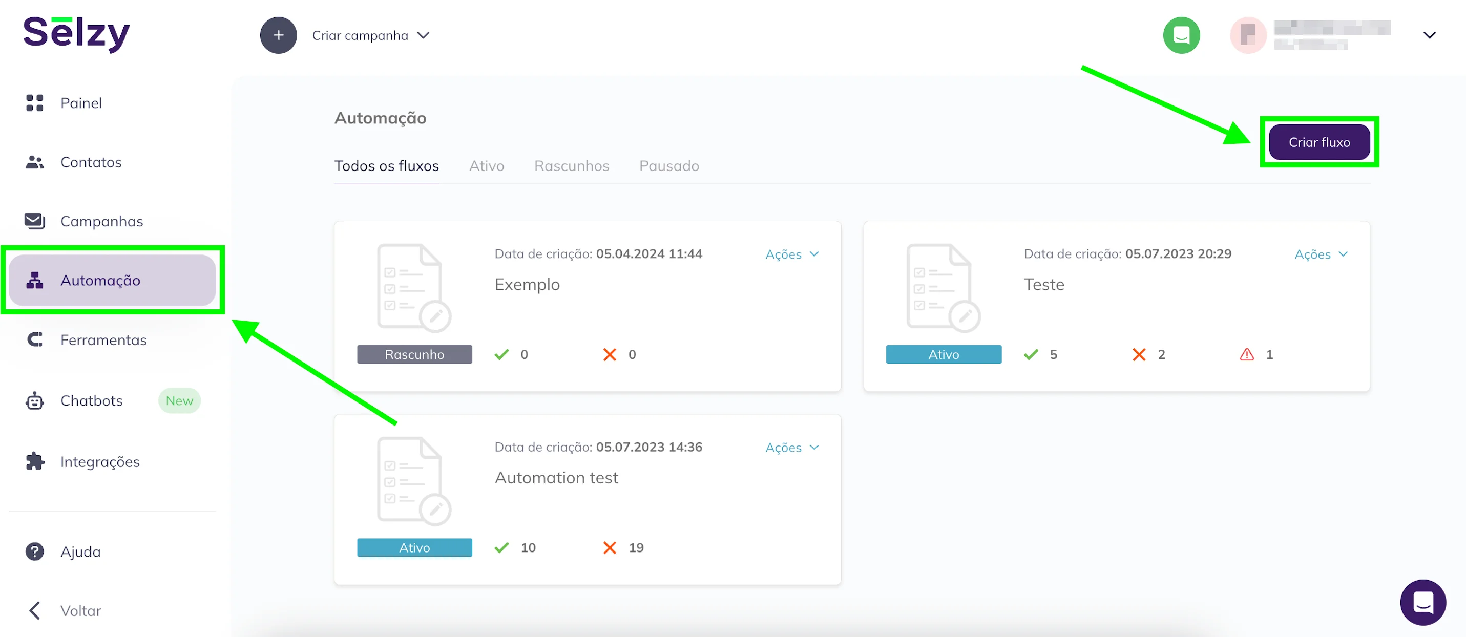 Clique em Criar fluxo para fazer uma automação