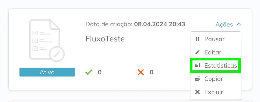Acessando as estatísticas na lista de automações