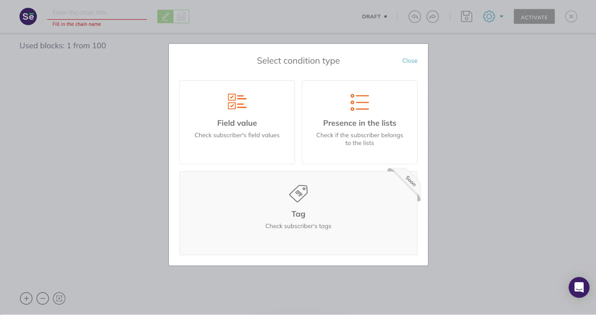 Condition types in Selzy: Field value and Presence in the lists options available