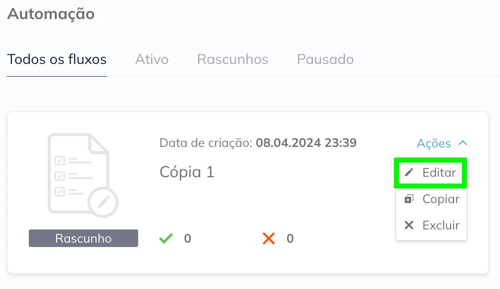 Clique em Editar para editar a automação