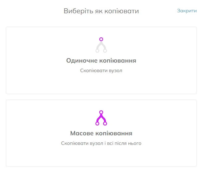 Параметри вузла копіювання: «Скопіювати вузол» і «Скопіювати вузол і всі після нього»