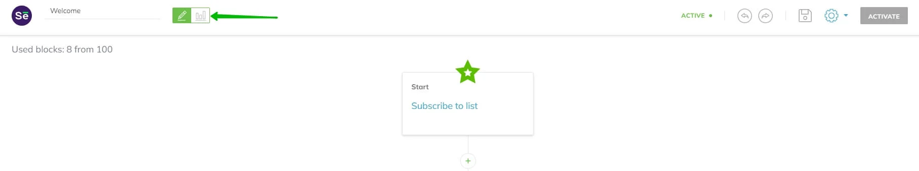 Access the statistics from the automation editor by clicking on the charts icon on the top left by the automation’s name