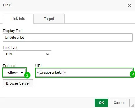 The link parameters editor with the protocol type set to <other> and the {{UnsubscribeUrl}} variable typed in in the URL field.