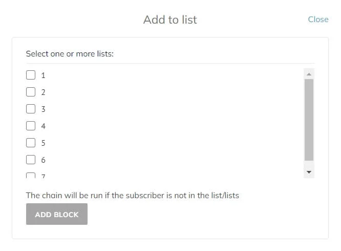 You need to specify lists for the Add to list chain trigger before adding it 