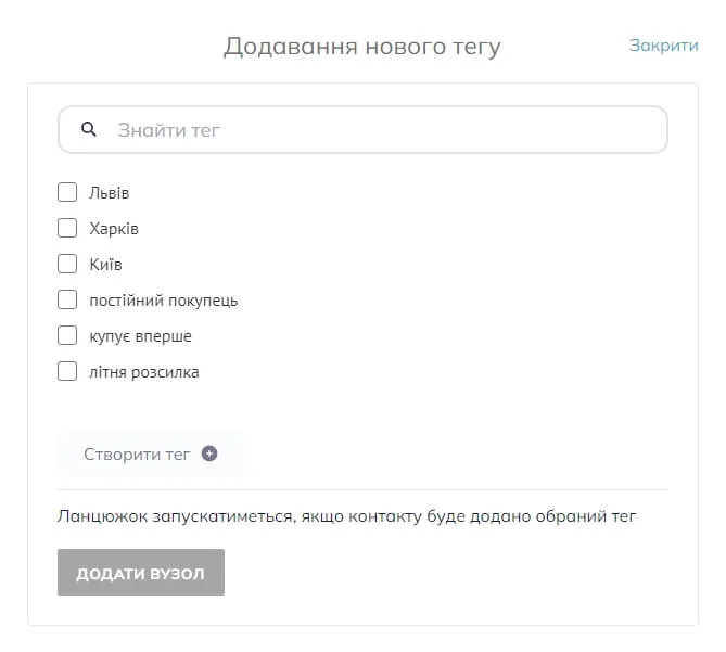 У вікні "Додавання нового тегу" відображається список тегів, серед яких “літня розсилка”, “купує вперше”, “постійний покупець”, “Київ”, “Харків” та “Львів”. 