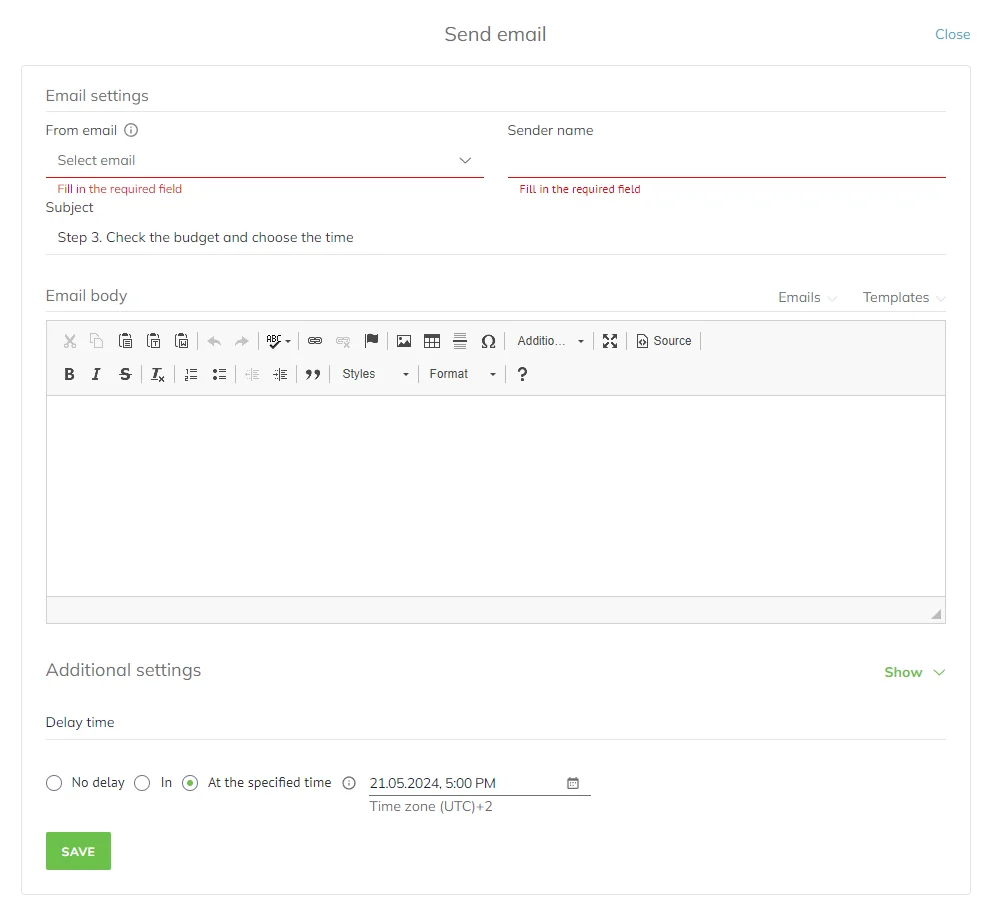In the Send email block menu, you can specify the from email, the sender name, the email subject and body, and set the delay time, if needed