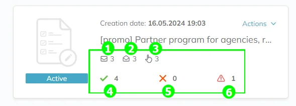 An active automation in the automations’ list with 0 contacts that ended the sequence with a Fail result, 4 contacts that ended the sequence with a Success result, and 1 contact that resulted in an error. 3 emails were successfully delivered, opened and got clicks.