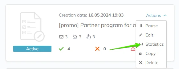 An active automation in the automations list with Pause, Edit, Statistics, Copy, and Delete options in the Actions drop-down menu