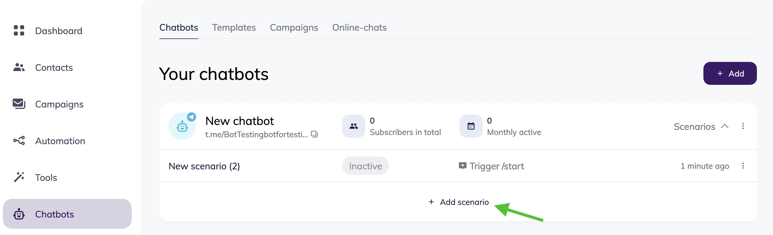 Adding a scenario to an already added chatbot