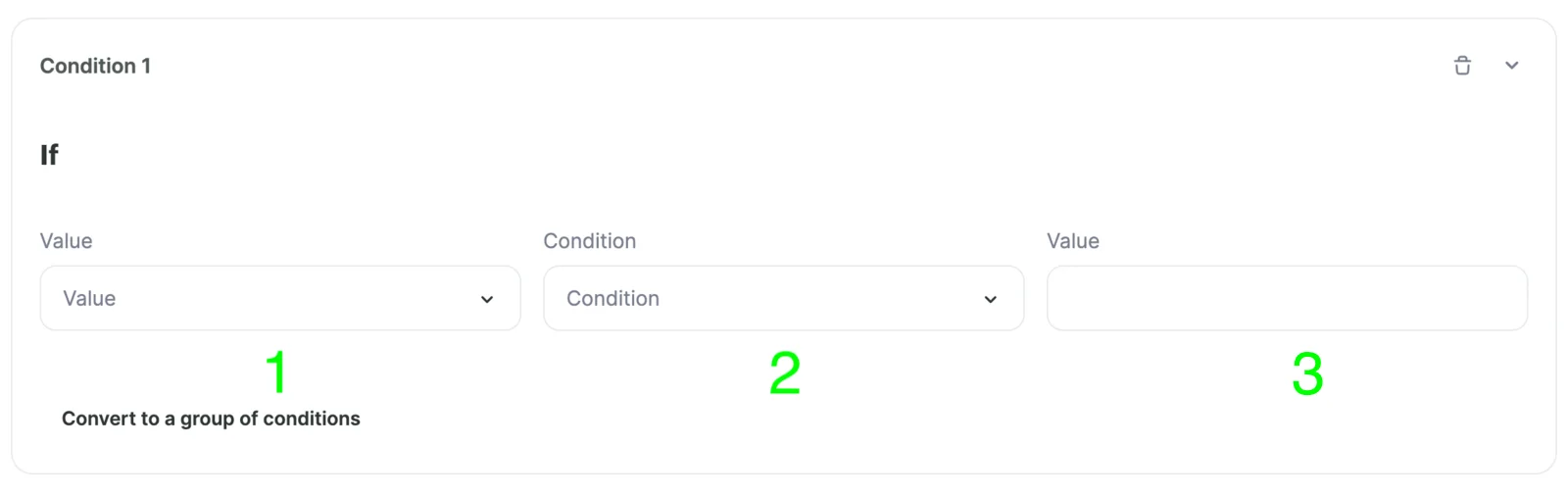 The automation settings: value, condition, and value to look up. 