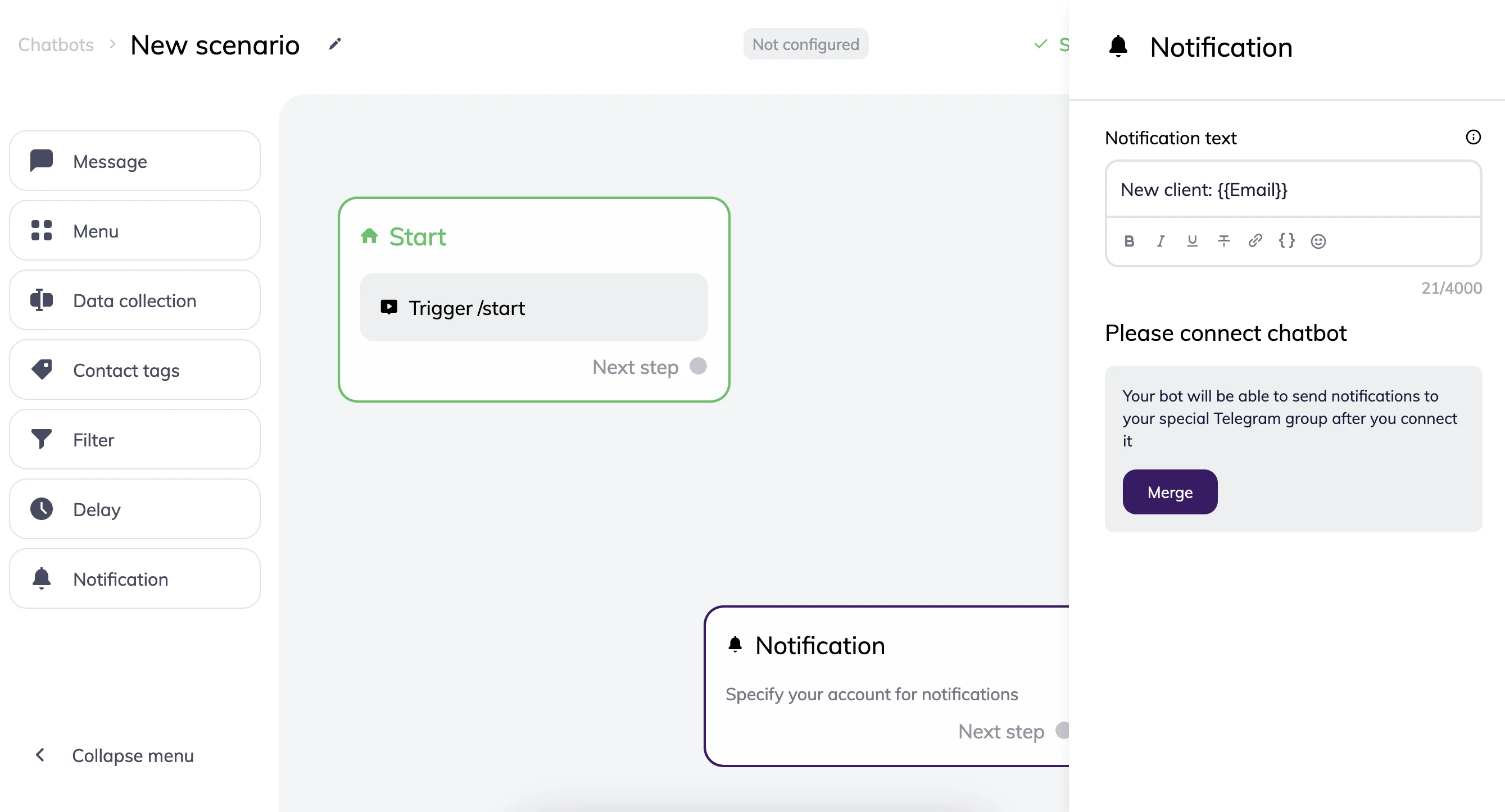 A Please connect chatbot message and a Merge button below it