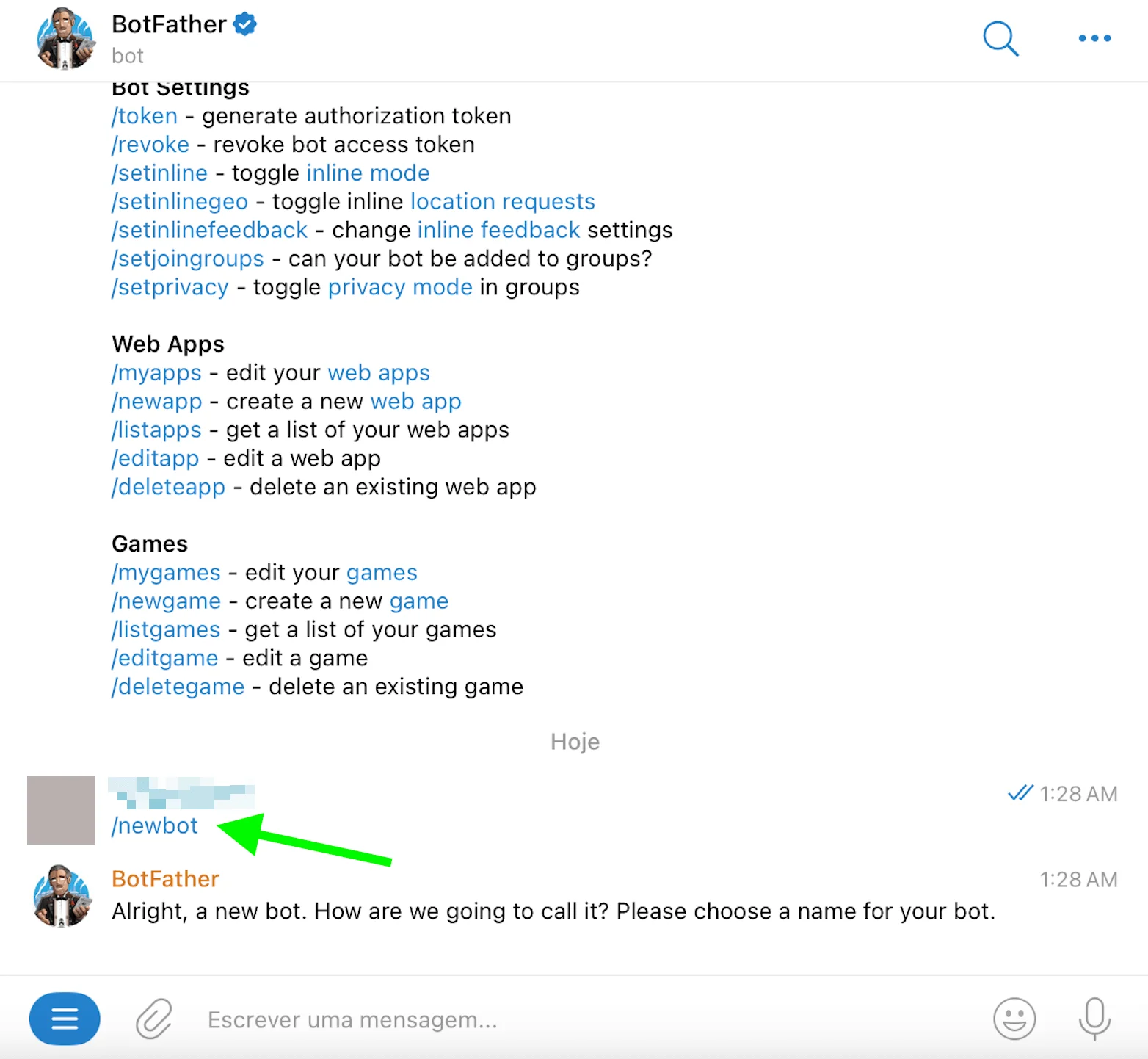 Envie o comando /newbot para o BotFather.