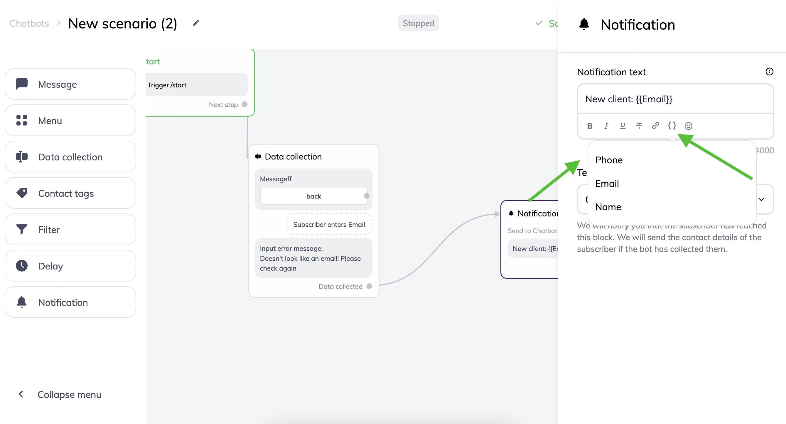 Selecting a variable that will be sent in a notification