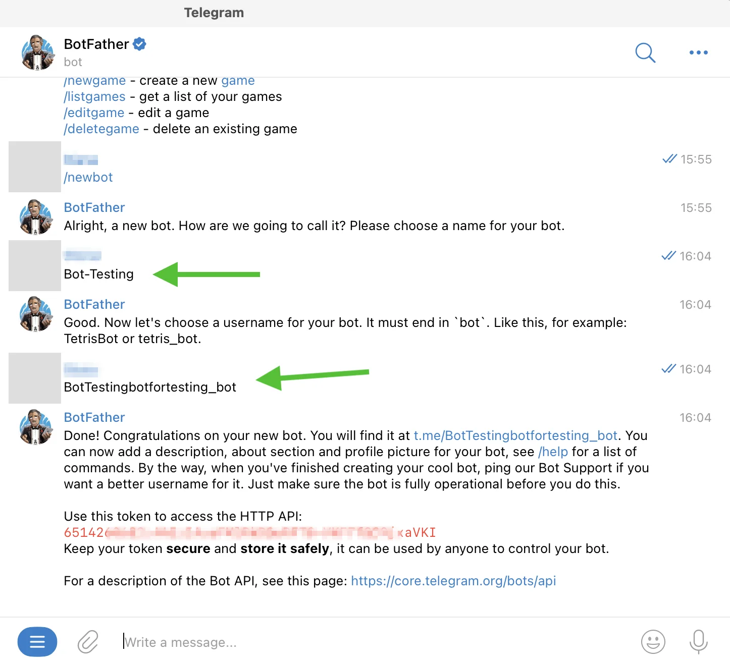 Naming the bot and choosing a username for it