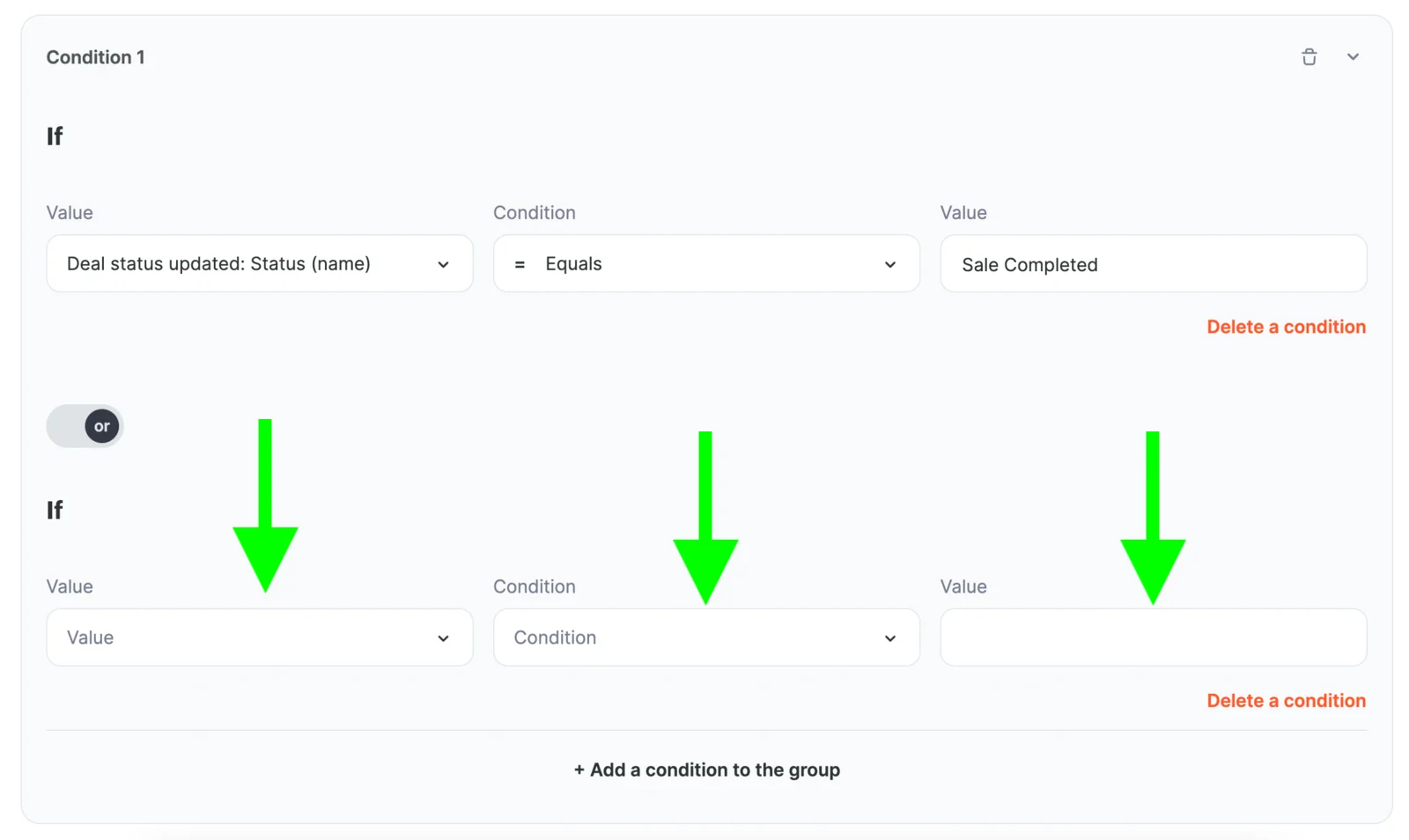 After you click the button, the second condition will appear below the first one. 