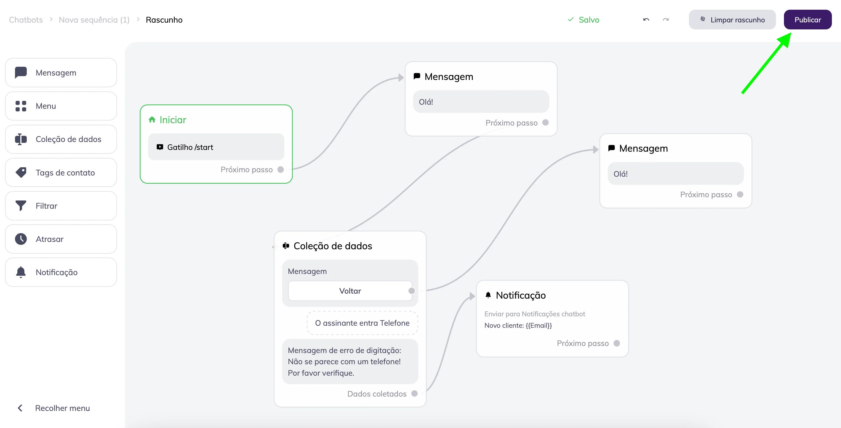 Clique em Publicar no canto superior direito para lançar o chatbot.
