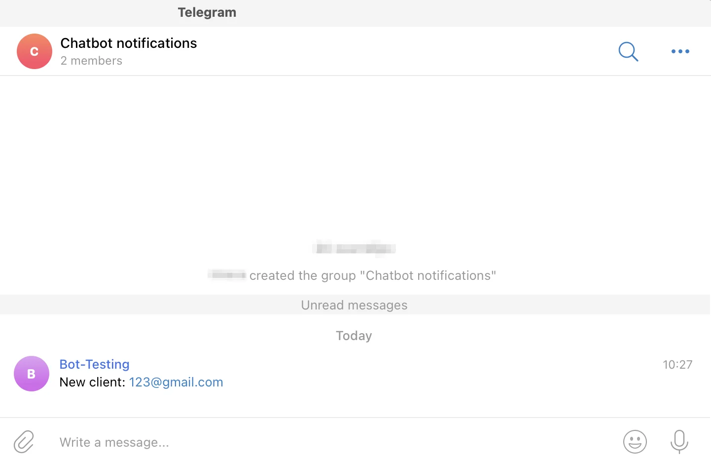 A notification in the Telegram group with a client’s email