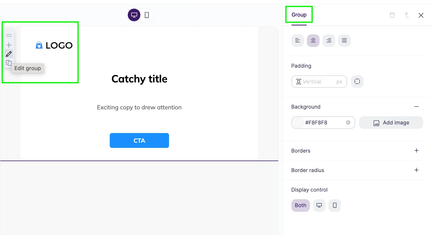 Selzy's AI builder in the Build mode with the Group settings on the right and a block with the left-side action bar highlighted.