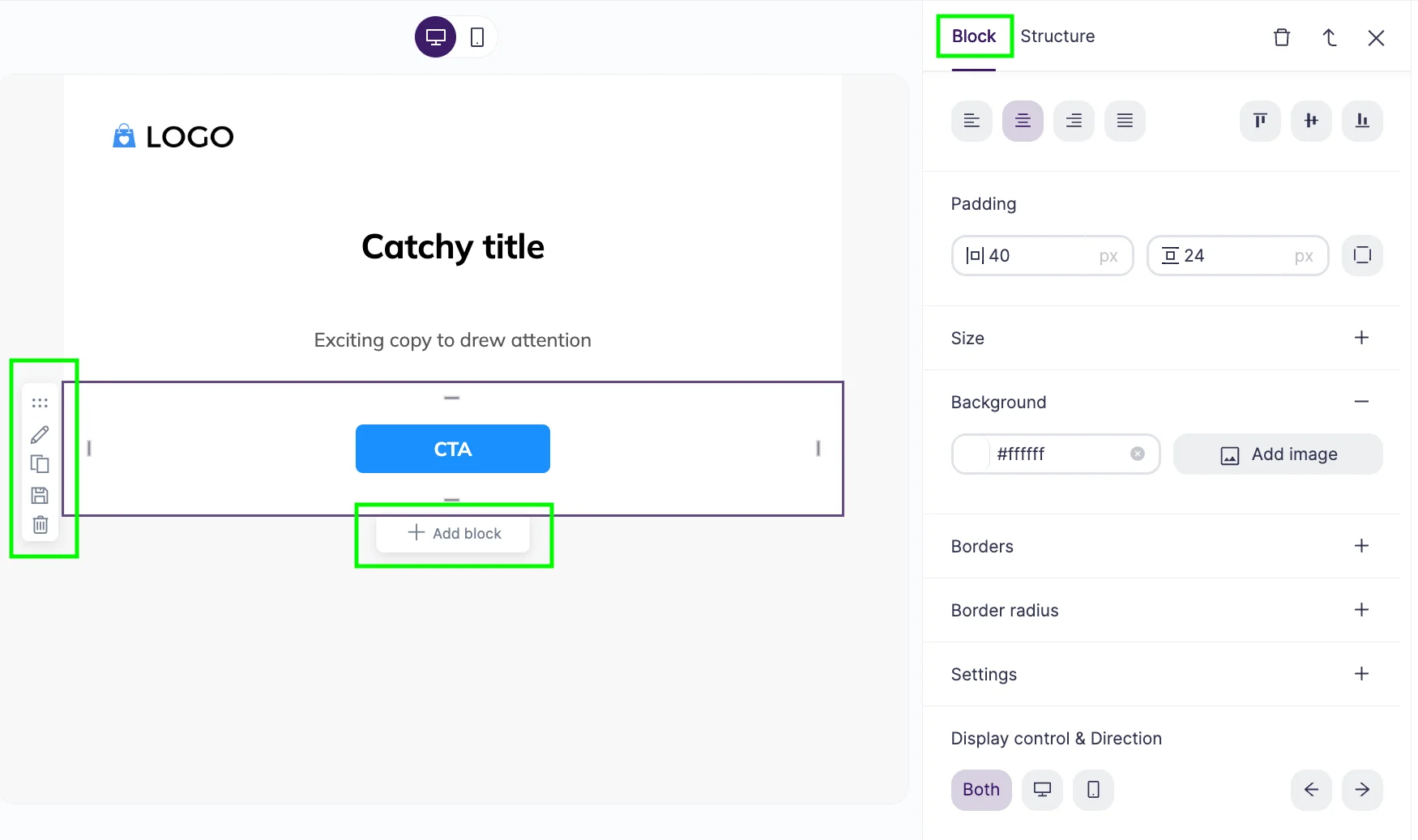 Selzy's AI builder in the Build mode with the Block settings on the right, a left-side block action bar, and the “Add block” button highlighted.