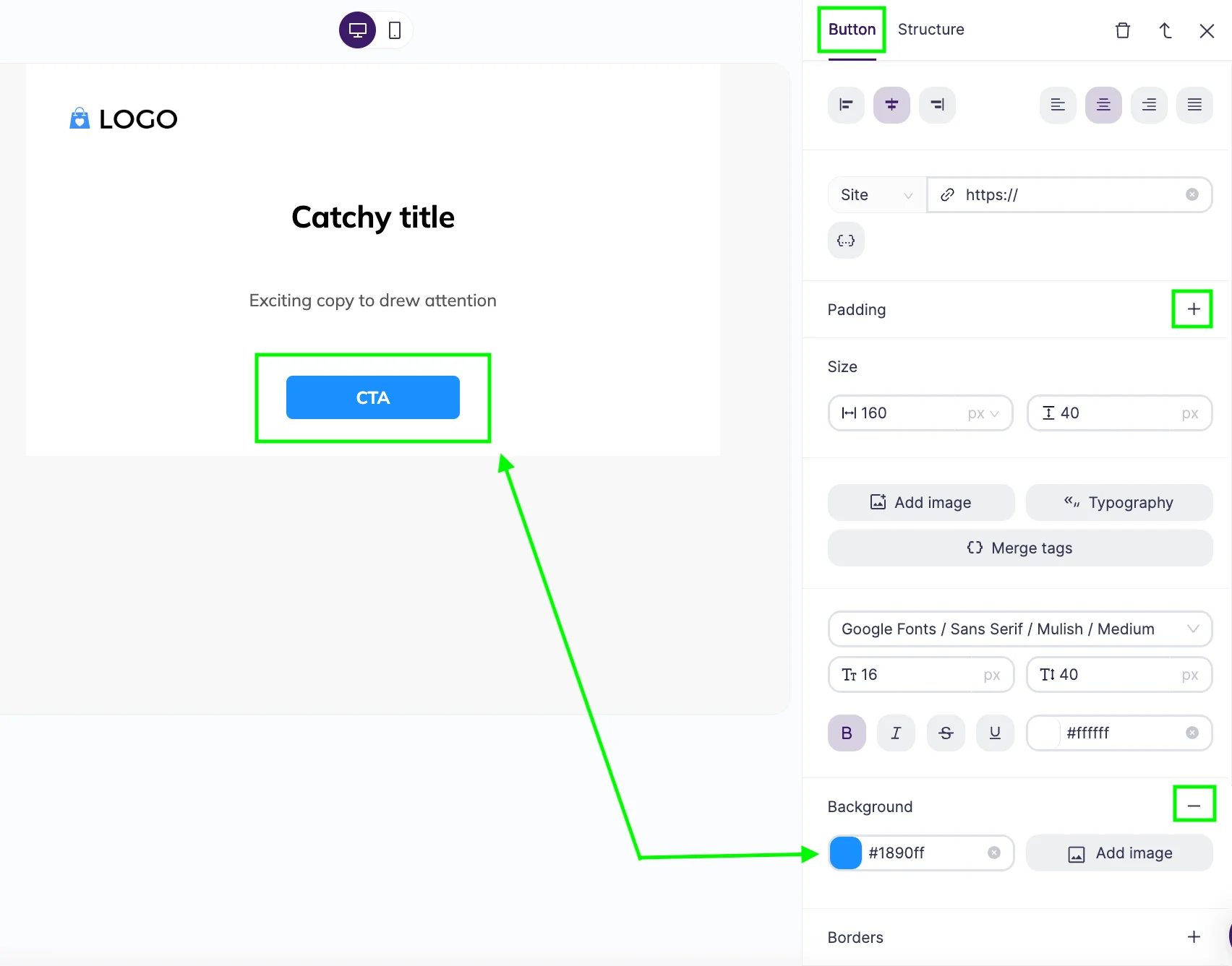 Selzy's AI builder in the Build mode with the right-side Button settings. Configuration settings, such as background and padding, are highlighted.