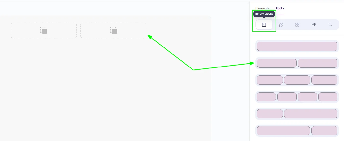 Selzy's AI builder in the Build mode with Blocks settings and rows of blocks in different sizes and configurations.