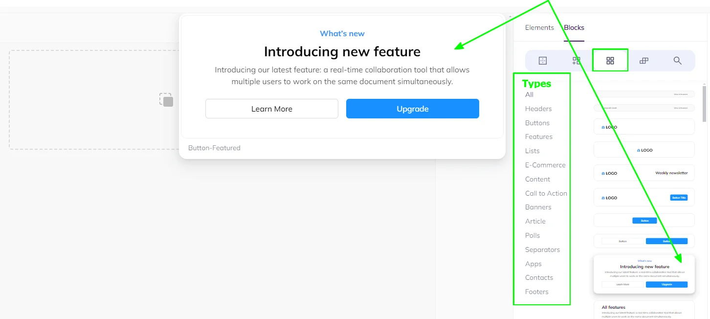 Selzy's AI builder in the Build mode with “What’s new” block preview screen in the center and Blocks settings on the right. In the Block settings, different types of Blocks are available, such as headers, buttons, features, lists, e-commerce, content, and call-to-action.