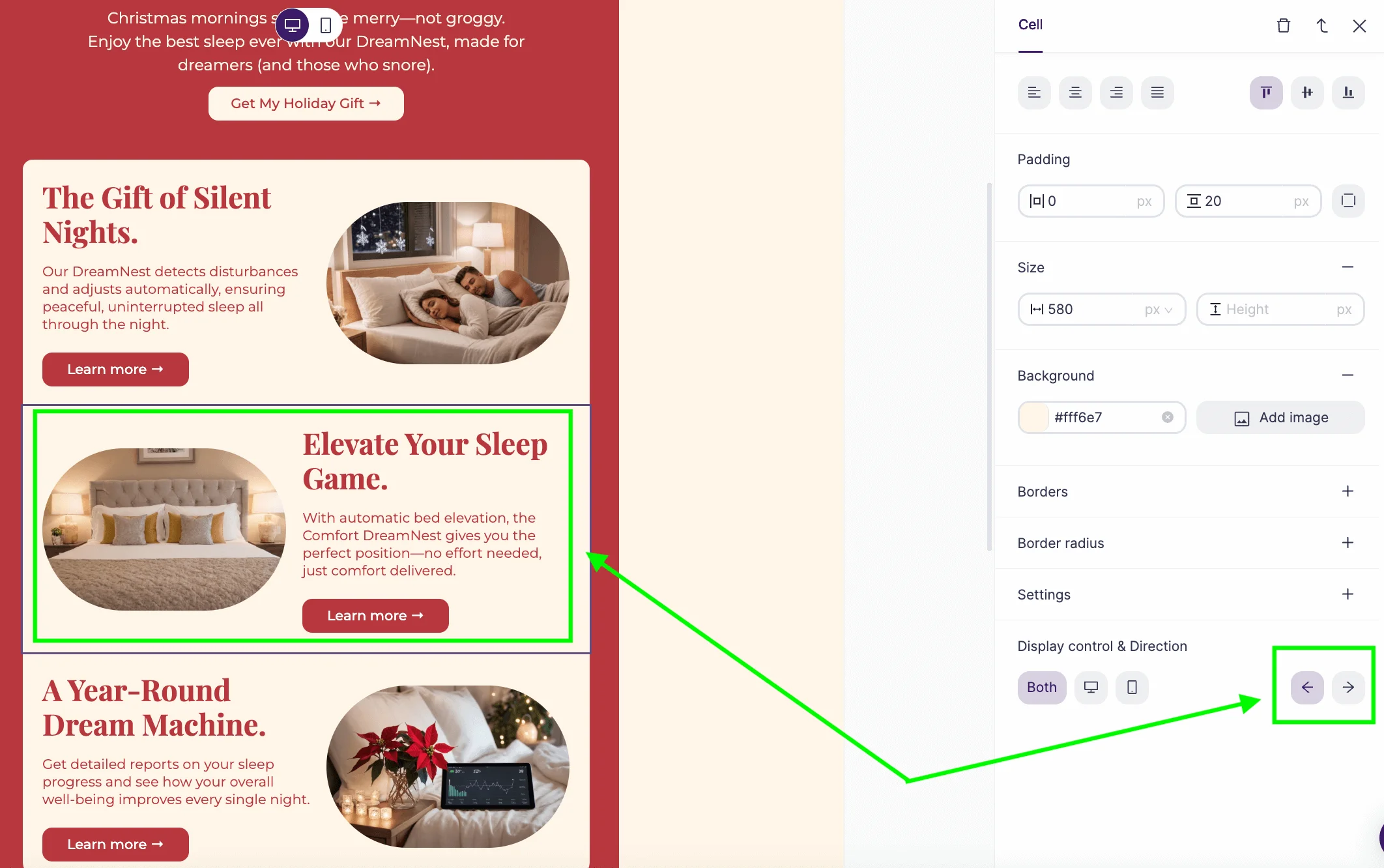 Selzy's AI builder in the Build mode showing email template and image, and text aligned to the left of the cell.
