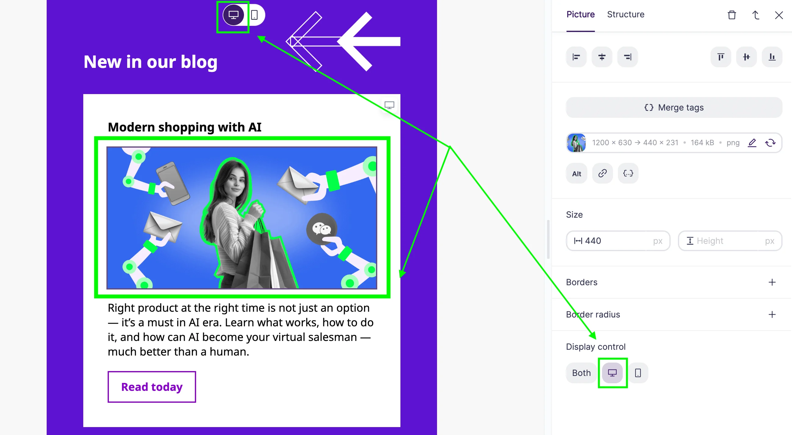 The Desktop view of the template example on the left and the Picture settings panel. The email template includes a heading, a picture, a text snippet, and a CTA button. Desktop view icons on top and in the settings are highlighted.