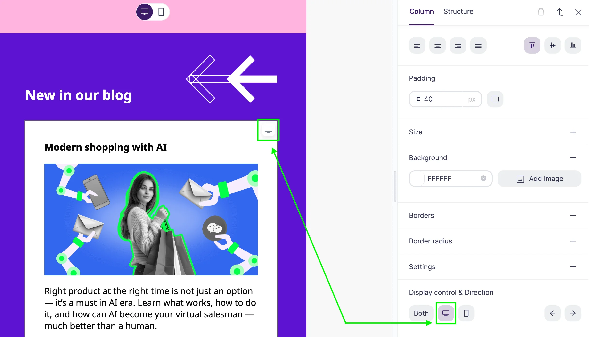 Selzy's AI builder in the Build mode with the template example on the left and right-sided Column settings. Desktop view icons in the top right corner of the article block and the bottom right corner of the menu are highlighted.