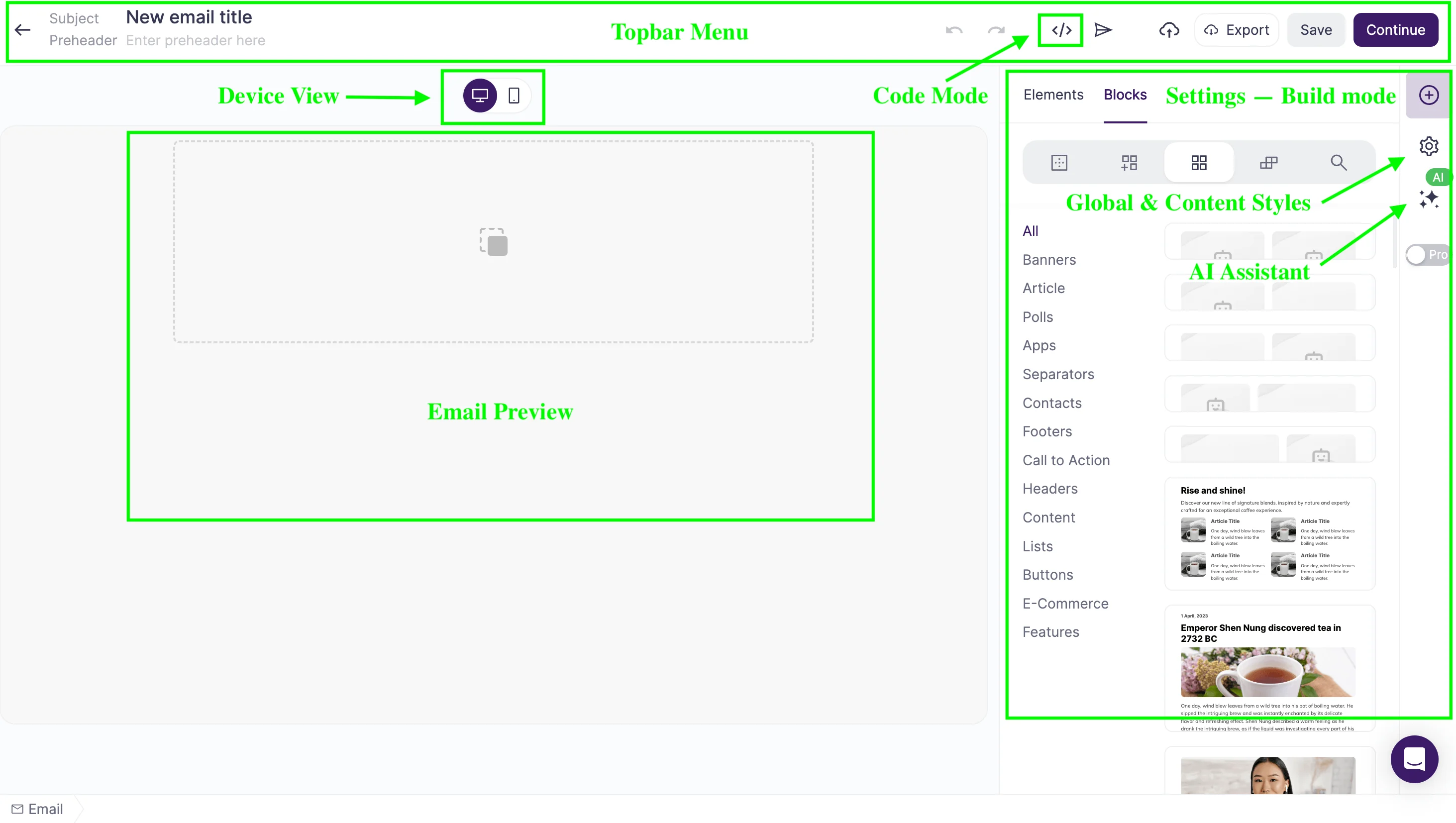 Selzy's AI builder in the Build mode. The area includes the topbar menu with a field for subject and preheader; code mode icon; the email preview space; and the right-side settings panel.