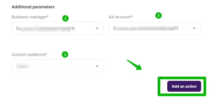 Setting up the action to be performed in Facebook Ads Manager 