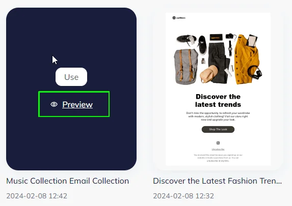 A screenshot of two email templates in Selzy’s AI builder with the “Preview” button highlighted.