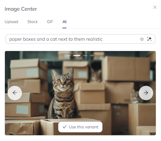 A screenshot of the Image Center menu in AI mode. Below is a photo of the cat sitting among boxes, along with a button labeled “Use this variant.”